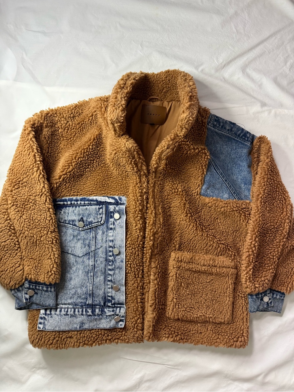 Blank NYC Brown Faux Shearling Jacket with Denim Patchwork